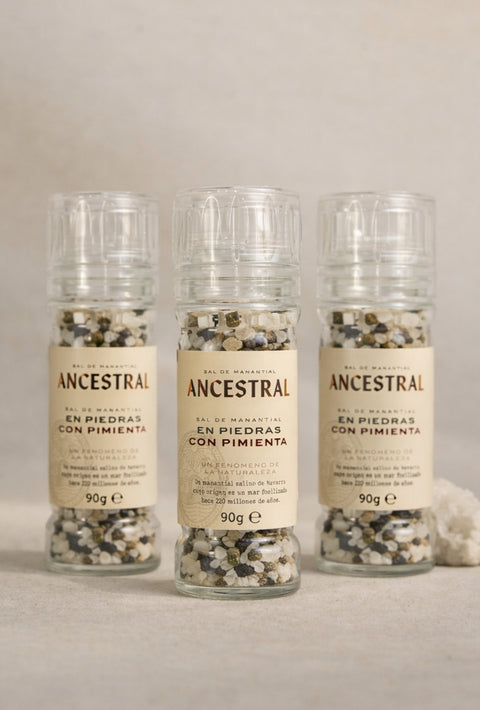 Pack of 3 Natural Spring Salt Crystals & Organic Pepper - Glass Mill
