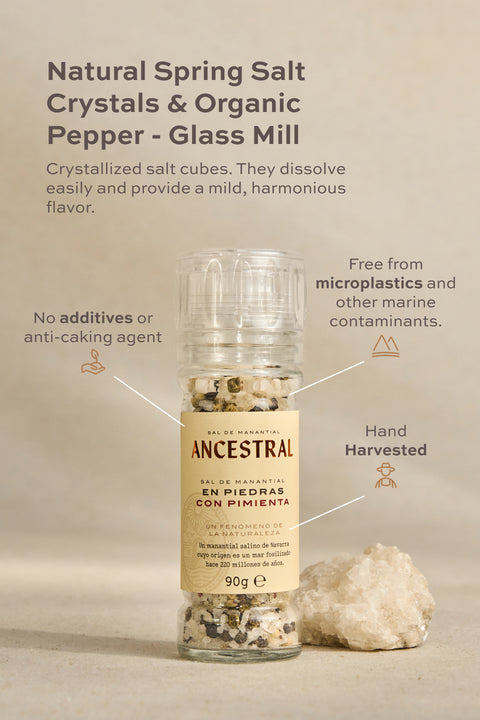 Pack of 6 Natural Spring Salt Crystals & Organic Pepper - Glass Mill